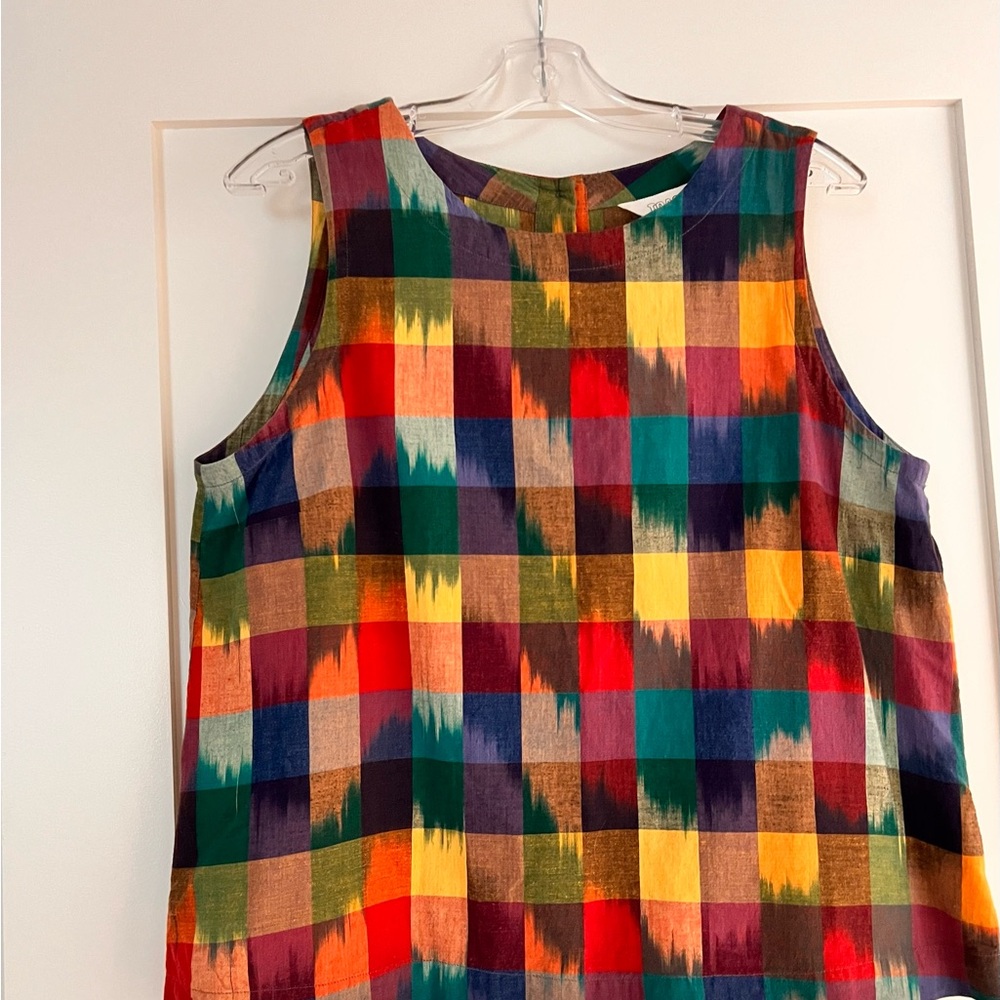 Toast UK Sleeveless Ikat Multicolor Plaid Tank Top, Button Back Size UK16
